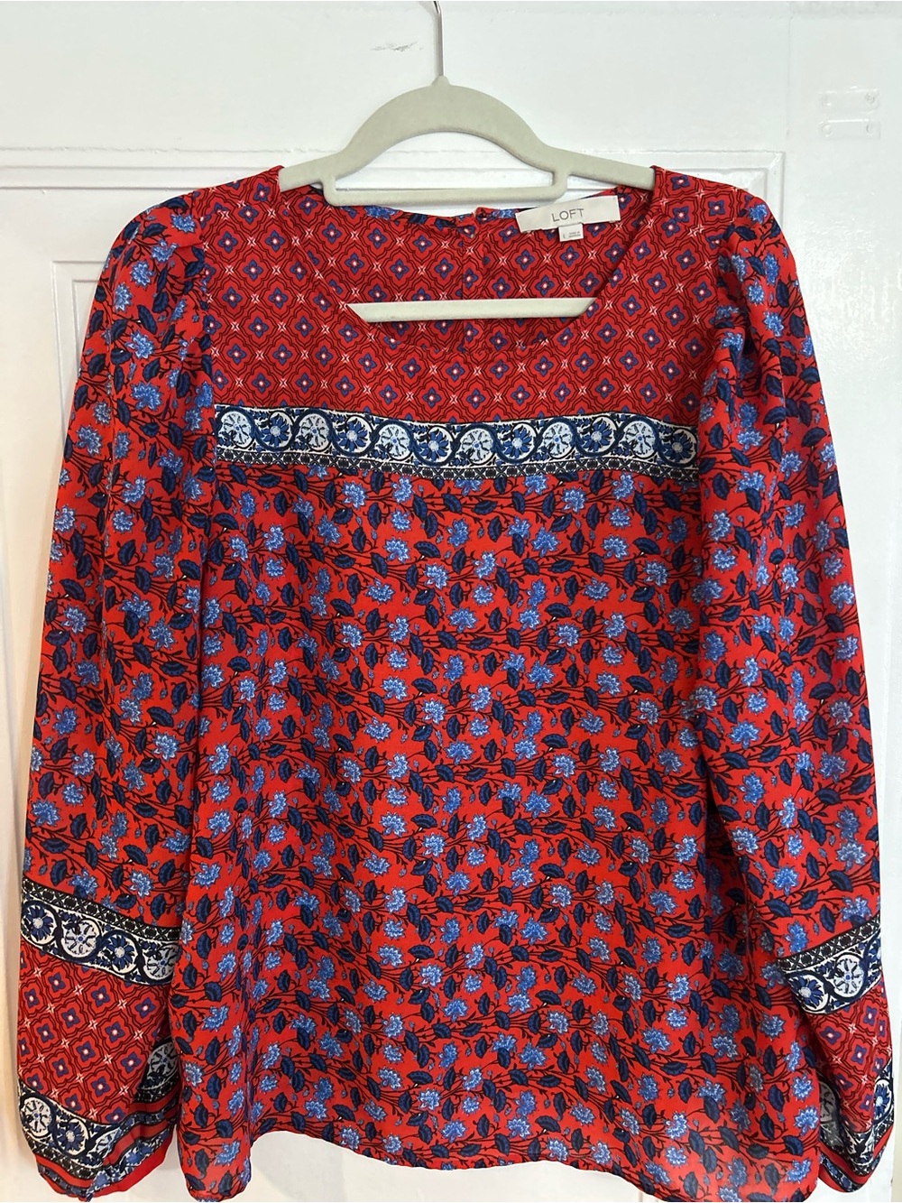 LOFT Red and Blue Floral Long-Sleeve Dress
